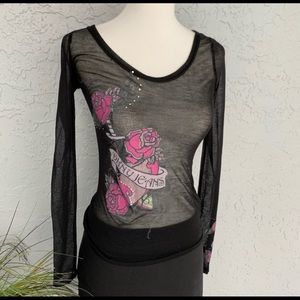 $12! DKNY Jeans | Sheer Black Mesh Top Roses